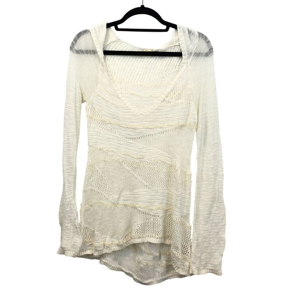 Anthropologie Size M Cream Textured Open Knit Hooded Pullover Sweater - Picture 2 of 8